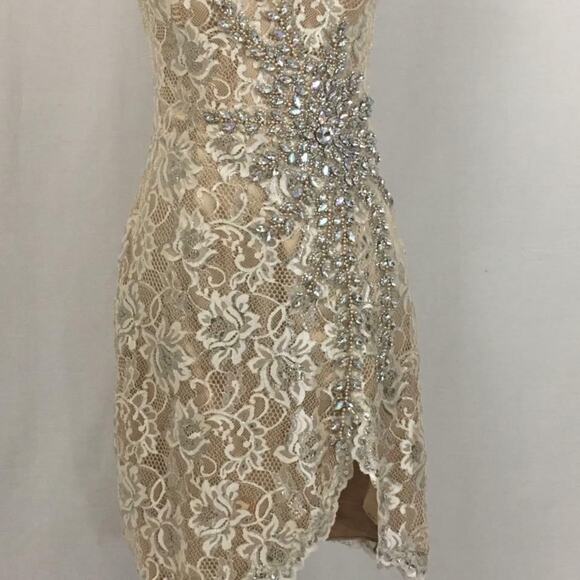 Terani Couture Sunburst Rhinestone & Lace Gold Cream Tan Cocktail Pageant Dress - Picture 7 of 16